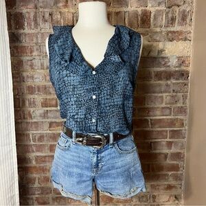 Vintage Snakeskin Blue Ruffle Sleeveless Top/Tank -Size L -TP20